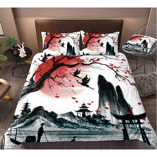 

Juegos de cama con funda de edredón de arte chino, funda de edredón con 1 funda de edredón o cobertor, 1 sábana, 2 fundas de almohada para cama doble/reina/rey (1 funda de almohada para cama