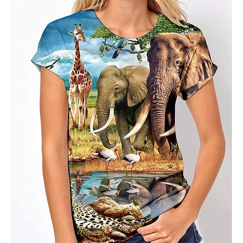 

Women's T shirt Tee Green Animal Giraffe Print Short Sleeve Daily Weekend Basic Round Neck Regular 3D Printed Painting S