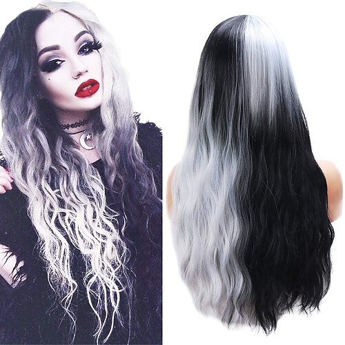 

Cruella Deville Wig Black and White Wigs 24 inches Black Silver Long Curly Wavy Wigs Synthetic Cosplay Wigs for Women