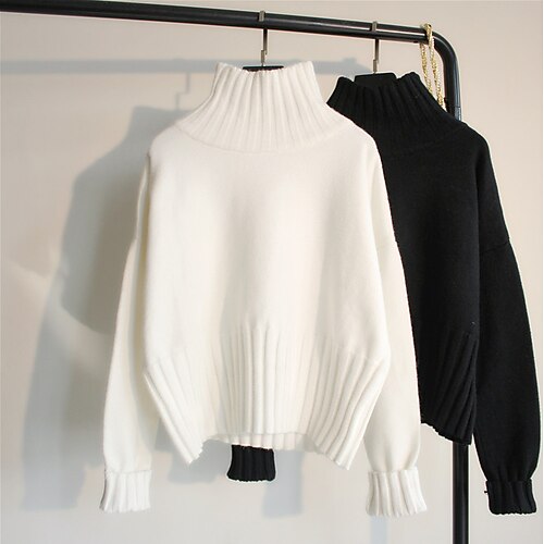 

Women's Pullover Sweater jumper Jumper Knit Knitted Solid Color Basic Stylish Daily Drop Shoulder White Black One-Size / Long Sleeve / Casual / Loose Fit