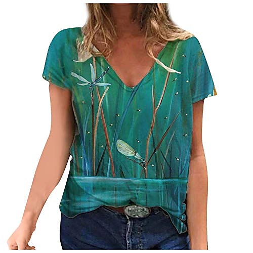 

women's short sleeve v-neck t-shirt, summer dragonfly floral print tunic tops, tie dye casual loose shirt blouses, vintage classic cotton tunic tee stylish streetwear green