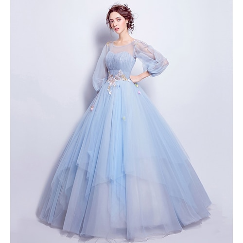 

Ball Gown Elegant Floral Puffy Quinceanera Engagement Dress Illusion Neck 3/4 Length Sleeve Floor Length Tulle with Pleats Appliques 2022