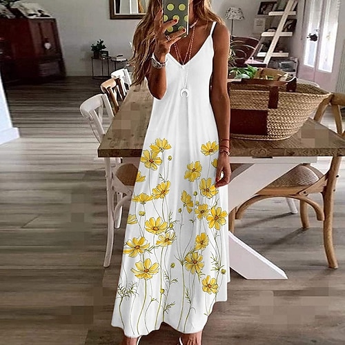 

Women's White Dress Long Dress Maxi Dress Safflower on black Green on white Yellow on white Sleeveless Spring Summer S M L XL XXL