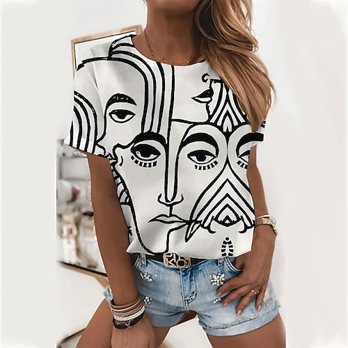 

Women's T shirt Tee Pink Rose Pink White Graphic Portrait Print Short Sleeve Daily Weekend Basic Round Neck Regular Abstract Portrait Painting S / 3D Print