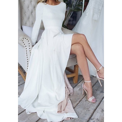

A-Line Minimalist Elegant Engagement Formal Evening Dress Jewel Neck Long Sleeve Floor Length Italy Satin with Pleats 2022