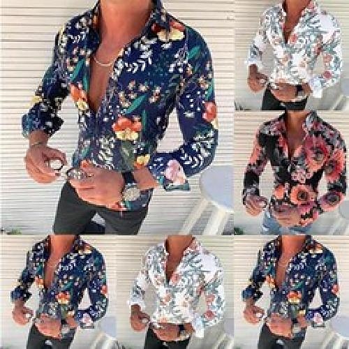

Men's Shirts Long Sleeve Flower Print Shirt Casual Camisa Masculina Autumn Winter Fit Slim Top Hawaiian