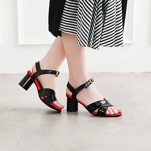 

Women's Sandals Office Daily Summer Chunky Heel Open Toe Casual Walking Shoes PU Leather Ankle Strap Solid Colored Black Rosy Pink Red