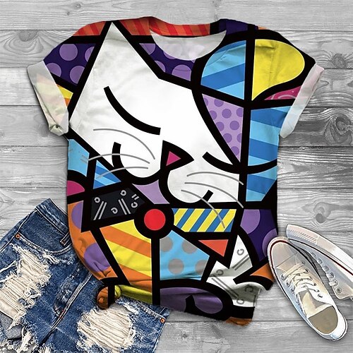 

Women's Plus Size Tops T shirt Tee Cat Graphic Print Short Sleeve Crewneck Basic Daily Cotton Spandex Jersey Spring Summer Rainbow / Loose Fit
