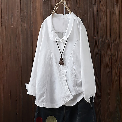 

Women's Plus Size Tops Blouse Shirt Plain Button Long Sleeve Shirt Collar Basic Casual Daily Cotton Blend Fall Spring Blue White