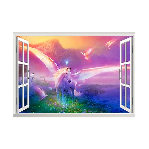 

3D False Window Stickers White Pegasi Wings Home Children's Room Background Decoration Removable DIY Wall Art Decor Decals 60X90CM