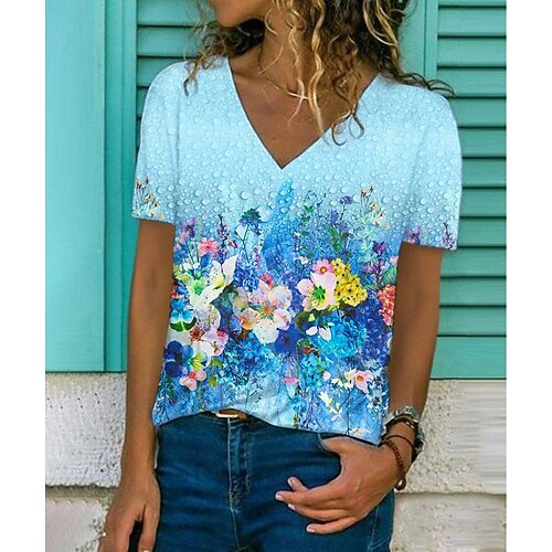 

Women's T shirt Tee Blue Floral Flower Print Short Sleeve Daily Weekend Basic V Neck Regular Floral Abstract Painting S