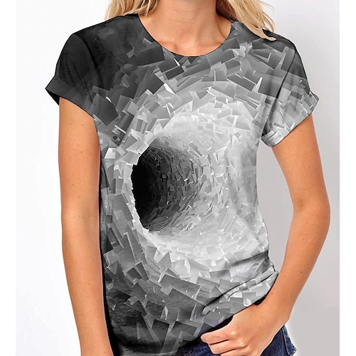 

Women's T shirt Tee Gray Graphic Optical Illusion Print Short Sleeve Daily Weekend Basic Round Neck Regular 3D Printed S