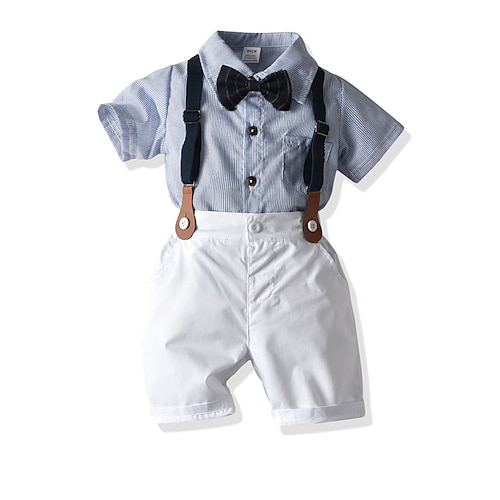 

4 Pieces Toddler Boys Shirt & Shorts ShortsSet Clothing Set Outfit Solid Color Color Block Short Sleeve Cotton Set School Basic Casual Summer 1-5 Years Light Blue