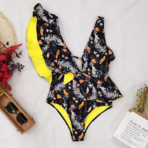 

Women's One Piece Swimsuit Ruffle Bodysuit Bathing Suit Floral / Botanical Swimwear Blue Black UV Sun Protection Breathable Quick Dry Sleeveless - Swimming Surfing Beach Summer / Spandex / Stretchy