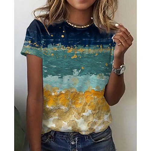 

Women's T shirt Tee Blue Color Block Scenery Print Short Sleeve Daily Weekend Basic Round Neck Regular S / 3D Print