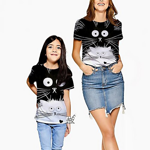

Mamma og meg T skjorte T-skjorte Dyr Trykt mønster Svart Kortermet 3D-utskrift Aktiv Matchende antrekk / Barn / Sommer
