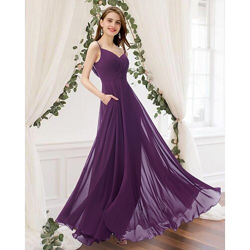 

A-Line Bridesmaid Dress V Neck Sleeveless Elegant Floor Length Chiffon with Pleats 2022