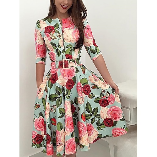 

Women's Swing Dress Midi Dress Light Green Half Sleeve Flower Zipper Spring Summer High Neck Elegant Party 2022 S M L XL