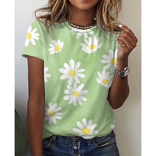 

Women's T shirt Tee Green Floral Daisy Print Short Sleeve Daily Weekend Basic Round Neck Regular Floral Daisy Painting S / 3D Print