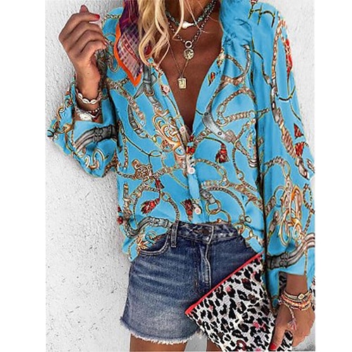 

Women's Blouse Shirt Blue Yellow Orange Paisley Tribal Print Long Sleeve Casual Boho Shirt Collar Boho S