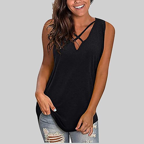 

Women's T shirt Tee White Black Plain Sleeveless Daily Going out V Neck S