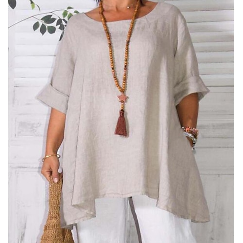 

Women's Plus Size Tops Blouse Shirt Patchwork Long Sleeve Round Neck Basic Daily Going out Cotton Blend Fall Spring