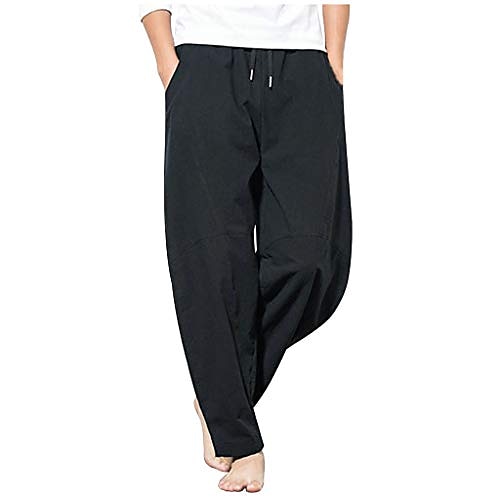 

men cotton casual pants elastic waist loose fit straight-legs stretchy summer beach long baggy pants (black,large)