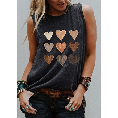 

Women's Tank Top T shirt Tee Vest Black Blue Light gray Graphic Heart Print Sleeveless Daily Holiday Basic Streetwear Round Neck Regular S