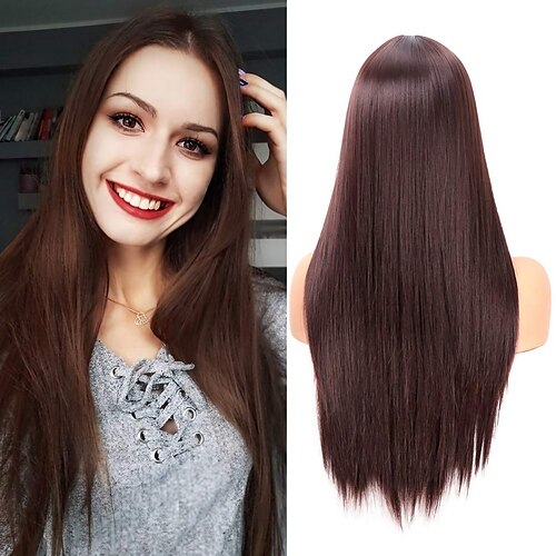 

Brown Wigs Long Straight Dark Brown Wig Women's Natural Hairline Partially Synthetic Full Wig 22inch