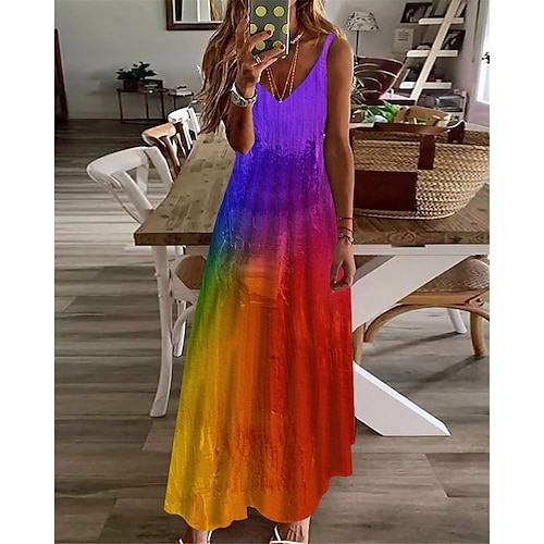 

Women's Long Dress Maxi Dress Rainbow Sleeveless Rainbow Print Spring Summer V Neck S M L XL XXL 3XL