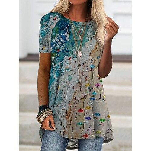 

Women's T shirt Dress Tunic Shirts Tunic Blue Graphic Print Short Sleeve Daily Basic Round Neck Long S