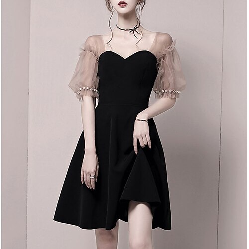 

A-Line Little Black Dress Elegant Party Wear Cocktail Party Dress Scoop Neck Short Sleeve Short / Mini Spandex with Pleats Pearls 2022