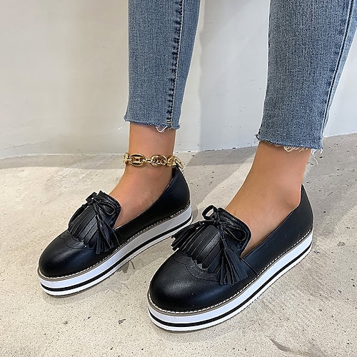 

Women's Loafers & Slip-Ons Slip-Ons Tassel Loafers Tassel Shoes Platform Loafers Tassel Flat Heel Round Toe Vintage PU Solid Colored Black Rosy Pink Blue