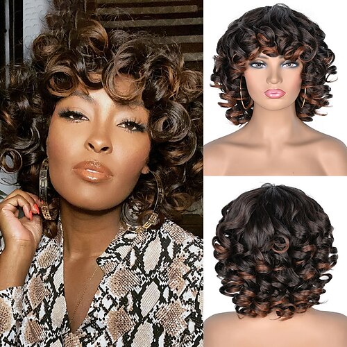 

Brown Wigs for Women Synthetic Wig Curly Afro Curly Asymmetrical Wig Short A14 Synthetic Hair Cosplay Party Fashion Black