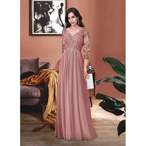 

A tubino Abito da cerimonia per signora Elegante A V Lungo Chiffon Di pizzo Manica a 3/4 con A pieghe Con applique Spilla di cristallo 2023