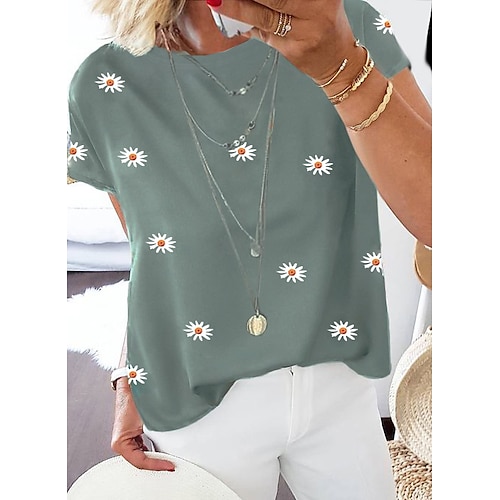 

Women's Blouse Tunic Green Blue Purple Floral Daisy Print Short Sleeve Daily Going out Basic Round Neck Long S / Summer