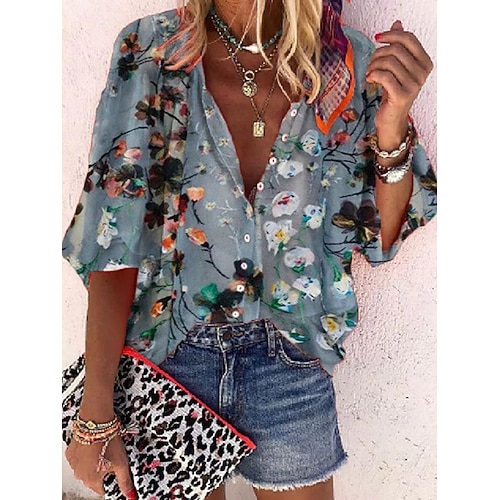 

Women's Blouse Shirt Gray Floral Print 3/4 Length Sleeve Shirt Collar Regular S