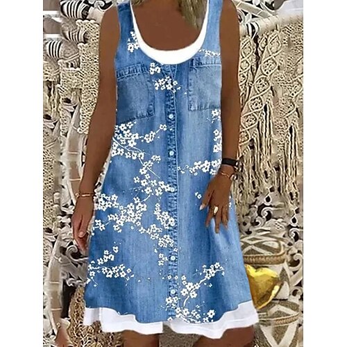 

Women's Shift Dress Knee Length Dress Blue Gray Brown Light Blue Sleeveless Floral Fake two piece Print Spring Summer Boat Neck Casual Modern Loose 2022 S M L XL XXL 3XL 4XL