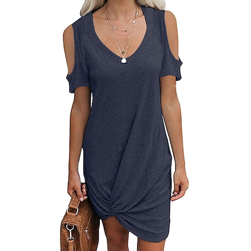 

Women's Casual Dress Shift Dress Midi Dress Light gray Dark Gray Navy Blue Short Sleeve Pure Color Spring Summer V Neck Party Boom Sale Dress S M L XL XXL