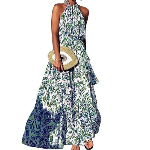 

Women's Casual Dress Swing Dress Long Dress Maxi Dress Blue flower Green flower Sleeveless Spring Summer S M L XL 2XL