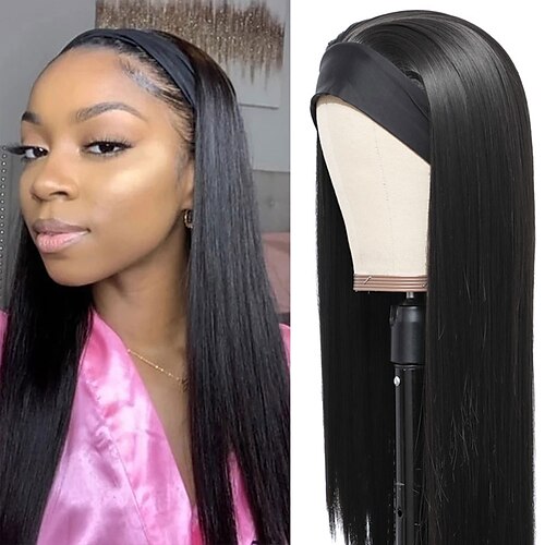 

Black Wigs for Women Long Straight Headband Wigs Heat Resistant Synthetic Hair Wig Machine Made Wig for Black Women No Colored Headband