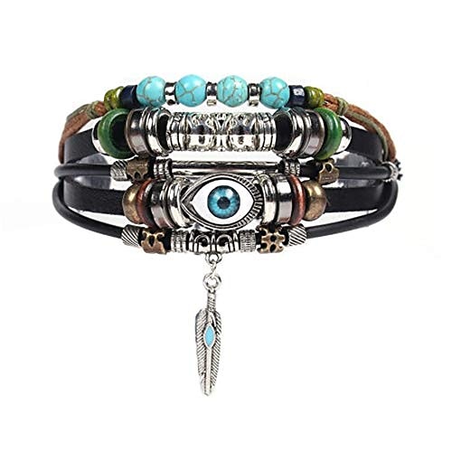 

sbi jewelry blue evil eye bracelet turquoise beaded angel wing feather charm leather wrap bracelet gift for women men