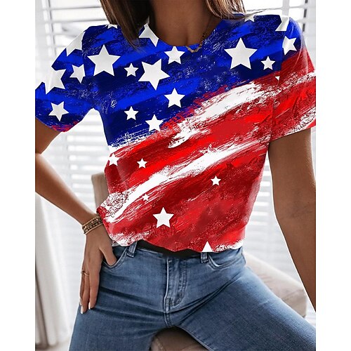 

Women's T shirt Tee Blue Color Block American Flag Print Short Sleeve Weekend Basic Round Neck Regular Abstract Painting S / 3D Print
