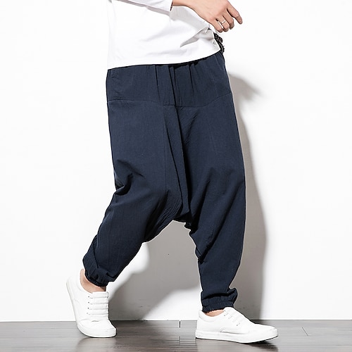 

Men's Harem Loose Joggers Chinos Trousers Baggy Solid Colored Outdoor Ankle-Length Home Daily Linen / Cotton Blend Chinoiserie Folk Style Loose Fit Black Wine Micro-elastic / Elasticity