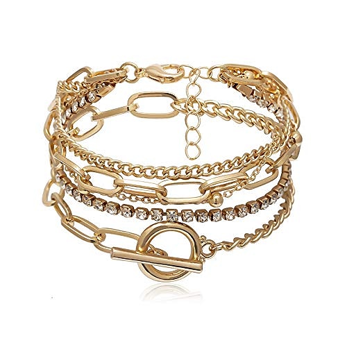 

5pcs handmade thick gold color chunky adjustable lasso rhinestone beads bracelet set multi layered round rectangle chain toggle crystal charm bangles for women girls party gifts jewelry