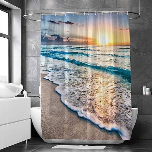

Shower Curtain With Hooks Suitable For Separate Wet And Dry Zone Divide Bathroom Shower Curtain Waterproof Oil-proof Modern and Beach Theme and Landscape