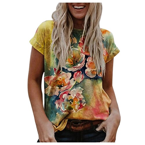 

Women's T shirt Tee Yellow Pink Red Floral Map Print Short Sleeve Casual Holiday Basic Round Neck Regular Floral Painting S