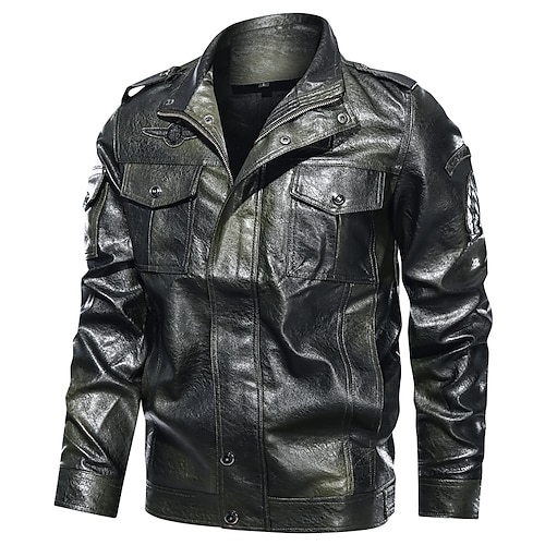 

Men's Jacket Faux Leather Jacket Biker Jacket Motorcycle Jacket Thermal Warm Rain Waterproof Warm Outdoor Daily Zipper Turndown Casual Military Style Jacket Outerwear Solid Color Full Zip Print Black