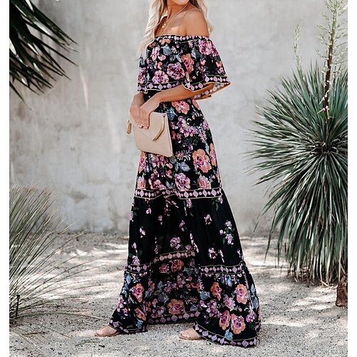 

abito casual da donna abito swing abito lungo maxi abito sfondo nero stampa manica corta primavera estate spalle scoperte 2023 s m l xl xxl xxxl