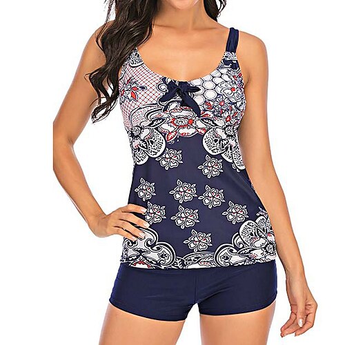 

Women's Tankini Two Piece Swimsuit Bathing Suit Floral / Botanical Swimwear Green Blue Breathable Quick Dry Elastic Sleeveless - Swimming Surfing Snorkeling Summer / Stretchy